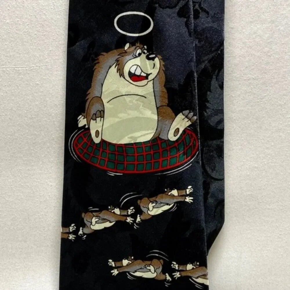 Dino Romaro Men's Silk Tie Honest Bear‎ Novelty Black Halographic Korea Handmade